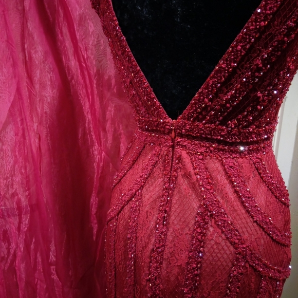 Custom handmade red lace beaded mermaid gown $2500 - Picture 3 of 13